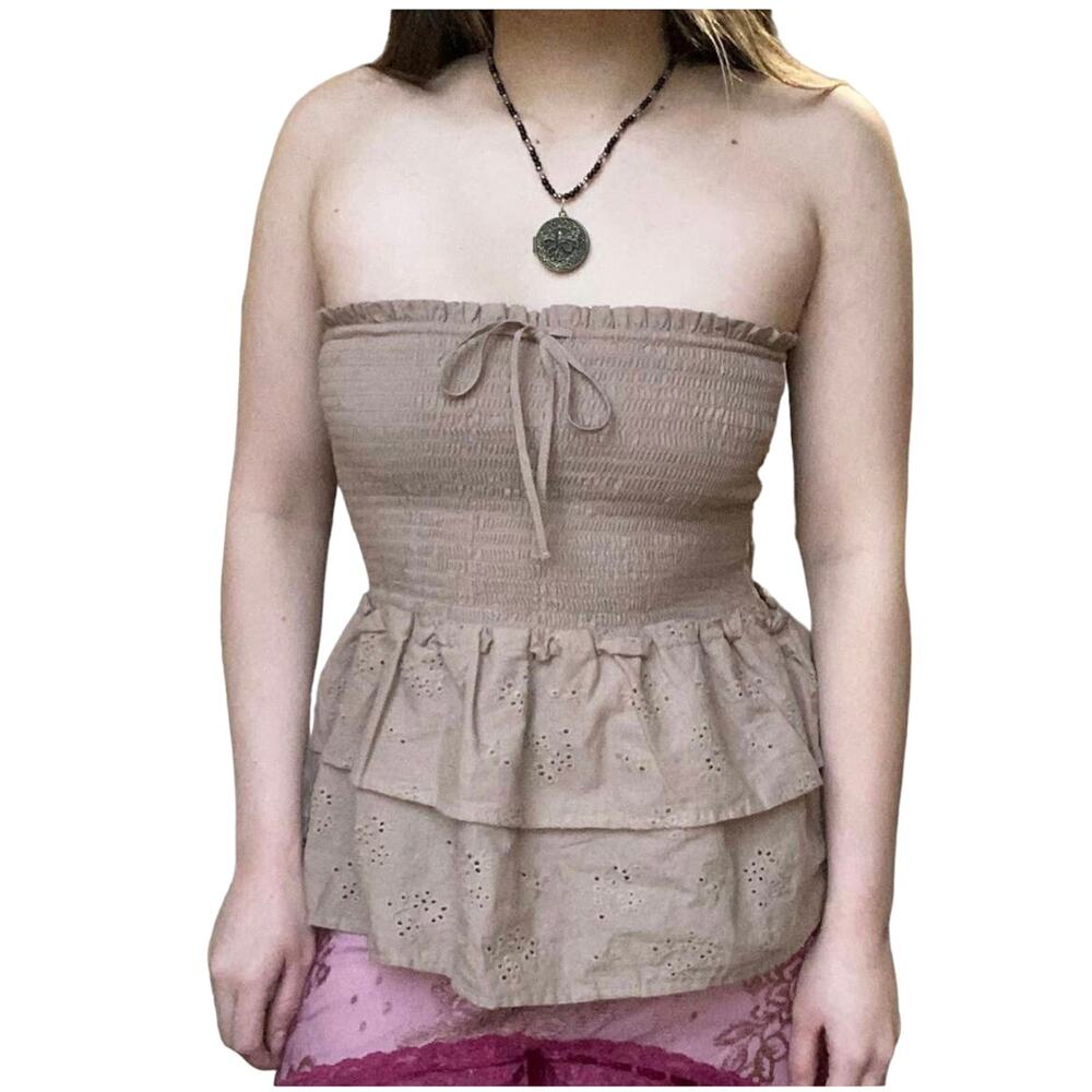 Womens medium Brown Cottage Core Fairy Floral Ruffle Tube Top (nwot) (b44)